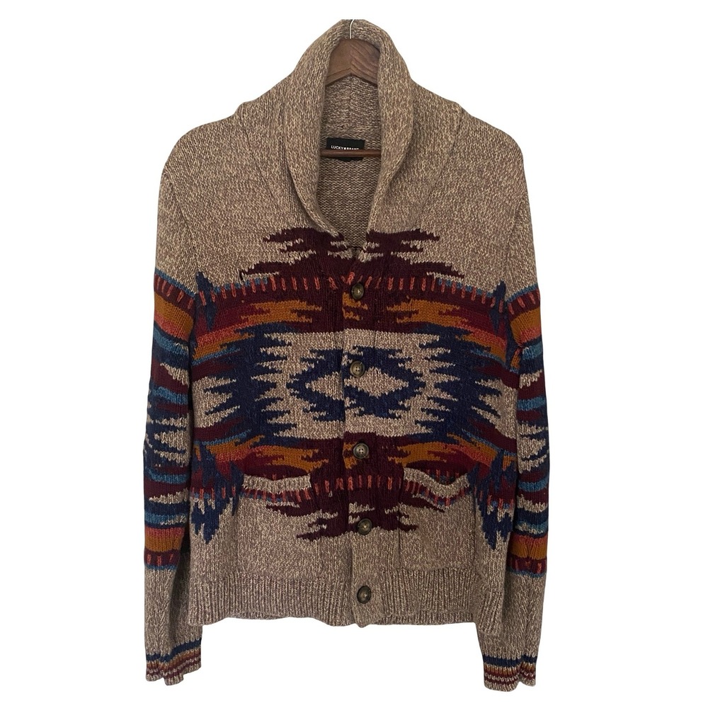 Lucky Brand Southwestern Mens Shawl Cardigan M Brown Aztec Cotton Button Up